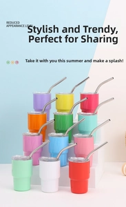 Detailed view of 12 colorful 3oz stainless steel mini tumblers with lids and metal straws