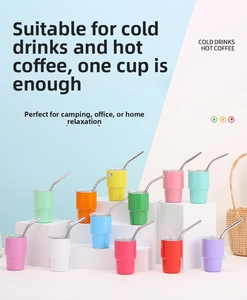 Detailed view of colorful 3oz stainless steel insulated cups with straws and clear lids