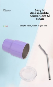 Detail view of purple matte stainless steel 3oz tumbler with clear lid and reusable straw