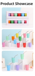 Detailed set of colorful 3oz stainless steel mini cups with lids, straws and packaging