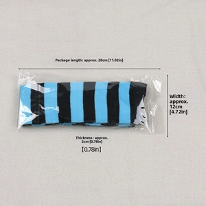 Detail view of blue and black striped thigh high socks in retail packaging with dimensions