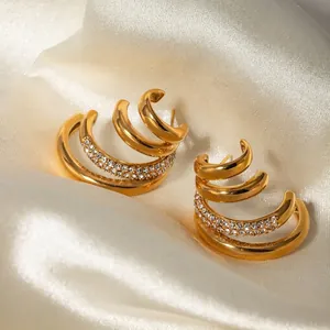 Fashion 18K Gold Plated Stainless Steel 4-Layer C-Shape Hoop Earrings Rhinestone Inlaid Geometric Earrings For Women Jewelry