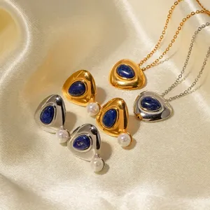 Lapis Lazuli Necklace And Earrings Jewelry Stainless Steel Gold Plated Geometric Triangle Artificial Pearl French Retro For Women
