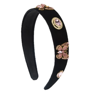 Baroque wide black velvet headband with pink rhinestone butterflies and gems decoration
