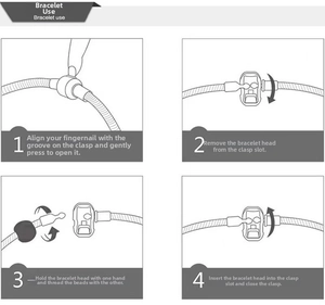Guide showing how to open the clasp and add charms to the blue starry snake bone bracelet