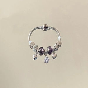 Silver snake chain bracelet with purple crystal beads and star moon charms for women