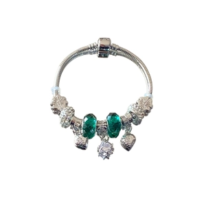Blue starry sky style silver snake chain bracelet with green crystal beads and heart charms