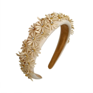 Cream floral headband with 3D daisies and crystals in a minimalist Korean style