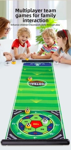 Family playing table soccer and curling board game on a portable long mat indoors