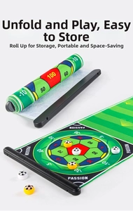 Portable soccer-themed table game mat with sliding balls and easy storage design