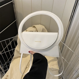 Minimalistische weiße PU-Lederhandtasche mit Rundgriff und goldenem Schriftzug für Damen