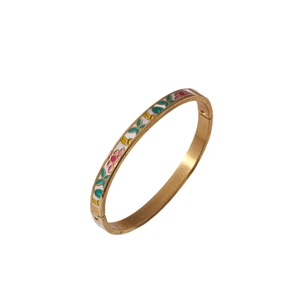 6mm gold titanium steel bangle with floral and butterfly enamel patterns on white background
