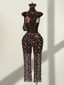 Three-piece tropical fruit print bikini set with sheer mesh wide leg trousers for women