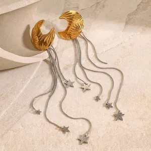 Celestial Crescent Moon And Star Tassel Dangle Earrings For Women Stainless Steel Long Snake Bone Chain Earrings Fashion Jewelry