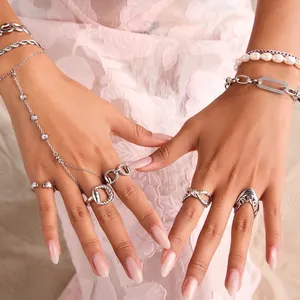 Stainless Steel Jewelry Set For Women With Heart Rings And Finger Bracelet Featuring Zircon And Artificial Pearl Elegant Accessory