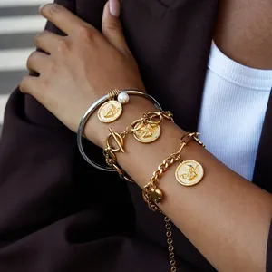 Vintage Angel Coin Relief Bracelet Heart Clover Charm Stainless Steel Gold Plated Mixed Chain Bangle For Women