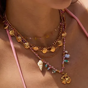 Bohemian Edelstahl Halskette Für Damen Sommer Strandurlaub Wasserdicht Hypoallergen Muschel Seestern Anhänger