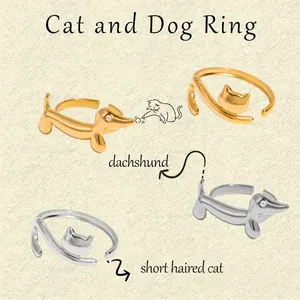 Cute Cat Dog Animal Open Rings Stainless Steel Adjustable Polished Zircon Eye Hypoallergenic Fashion Jewelry For Women