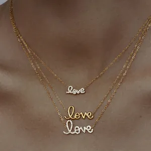 Love Letter Pendant Necklace Stainless Steel Rhinestone Layered Chain Choker Fashion Jewelry For Women Waterproof