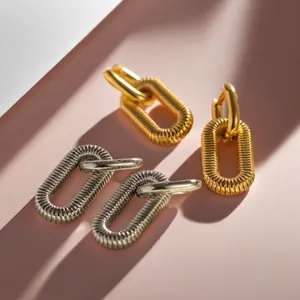 Modern Stainless Steel Spiral Texture Hoop Earrings For Women 18K Gold Plated Oval Geometric Chain Fashion Jewelry Accessory