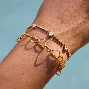 Stainless Steel Heart Rhinestone Bracelet For Women Luxury Gold Plated Chain Link Bangle Fashion Jewelry Gift