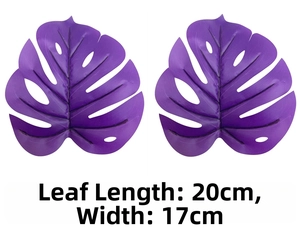 Detailed view of two purple artificial monstera leaves measuring 20cm by 17cm