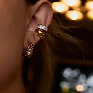 Stainless Steel Hoop Earrings With Zircon Geometric C-Shape Waterproof Hypoallergenic Fashion Jewelry For Women