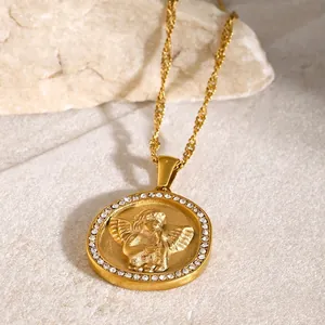 Angel Relief Pendant Necklace Stainless Steel 18K Gold Plated Rhinestone Round Disc Cherub Jewelry For Women