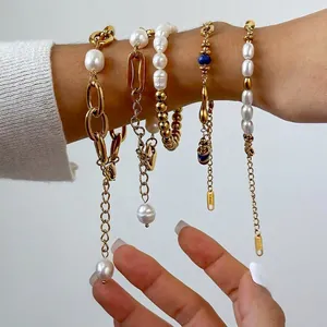 Elegant Stainless Steel Artificial Pearl Bracelet Blue Stone Accents Gold Plated Jewelry Layering Style For Women