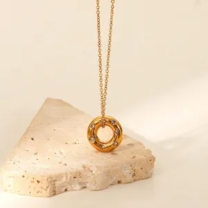 Hollow Ring Pendant Necklace 18K Gold Plated Stainless Steel Inlaid Zircon Geometric Minimalist Jewelry For Women