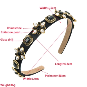 Detail showing dimensions of vintage black fabric headband with rhinestones and pearls