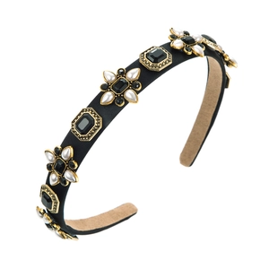 Baroque black satin headband with vintage gold flower crystals and faux pearls