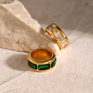 Wide Band Stainless Steel Ring Inlaid With Cubic Zirconia Rectangular Gemstone Minimalist Gold Plated Fashion Jewelry