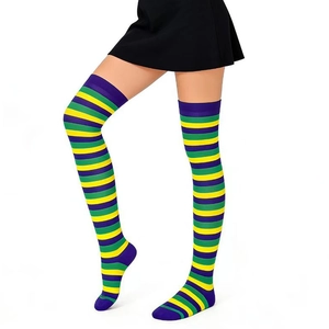Close-up of purple green and yellow striped over-knee high socks with elastic material