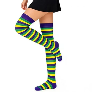 Detail of purple, yellow and green striped over-knee socks for Mardi Gras costume