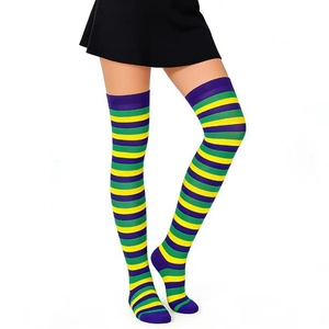 Detail of purple, green, and yellow striped over-the-knee socks with elastic anti-slip cuffs