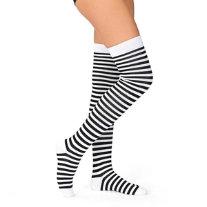 Detail of black and white striped over-knee socks with ribbed cuffs and reinforced heels