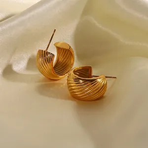Croissant Hoop Earrings Stainless Steel Vacuum Gold Plated Twisted C Shape Spiral Texture Retro Chic For Women