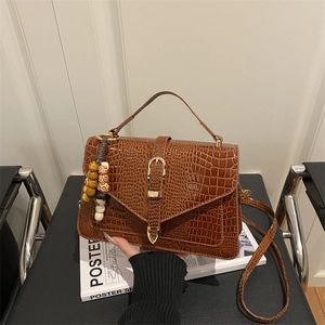 Women Alligator Texture PU Leather Shoulder Bag Vintage Small Square Crossbody Handbag With Top Handle Pendant Detail
