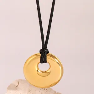 Minimalist Round Hollow Pendant Necklace Stainless Steel High Polish With Black Woven Rope Geometric Jewelry