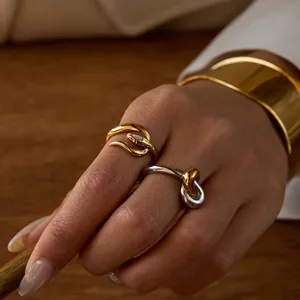 Stainless Steel Two Tone Gold Silver Twisted Knot Ring For Women Mirror Polished Waterproof Hypoallergenic Jewelry