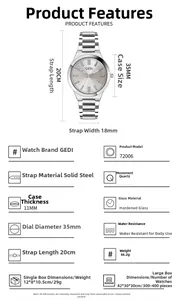 Detailed specs of GEDI silver quartz watch with 35mm dial and solid stainless steel band