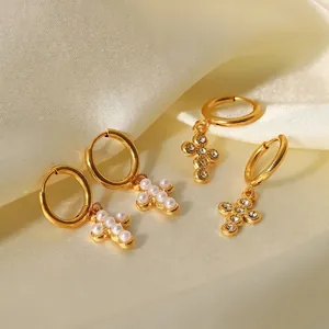 Stainless Steel Cross Pendant Hoop Earrings 18K Gold Plated Zircon Artificial Pearl Dangle For Women French Ins Style