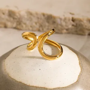 Wave Intertwined Ring 18K Gold Plated Stainless Steel Open Adjustable Minimalist Style For Women