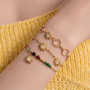 Stainless Steel Sun Moon Star Jewelry Gold Plated Zircon Colorful Beads Necklace Bracelet Waterproof Bohemia For Women