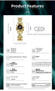 Detail view showing golden chain bracelet watch specifications on a green silk backdrop
