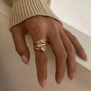 Stainless Steel Heart Zircon Open Ring For Women Gold Plated Multi Layer Wrap Chic Fashion Jewelry Hypoallergenic