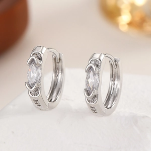 Men's hip-hop style silver huggie earrings with marquise-cut zircon and pave accents
