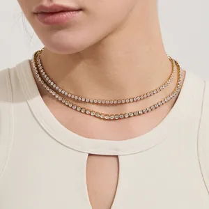 Collier De Tennis Pour Femmes Acier Inoxydable Zircon Strass Chaîne De Clavicule Élégante Mode Bijoux Étanche Cadeau
