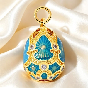 Macro detail of Russian-style egg pendant with blue enamel and zircon inlay